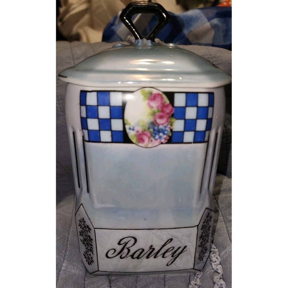 Vtg Victoria China Czechoslovakia Blue Lusterware Barley Canister Art Deco Grann
